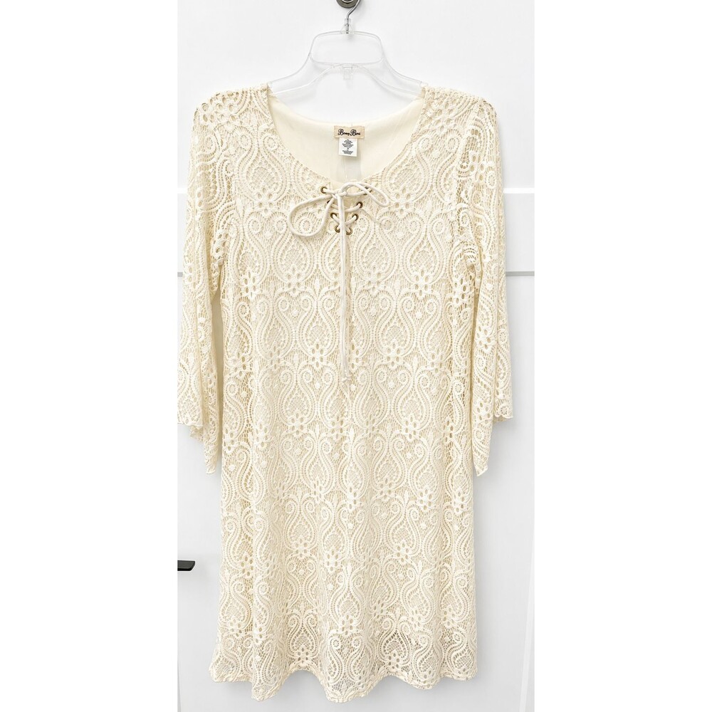 Brittany Black Dress Womens Small Ivory Cream Lace Front Tassel Bell Sleeve Boho